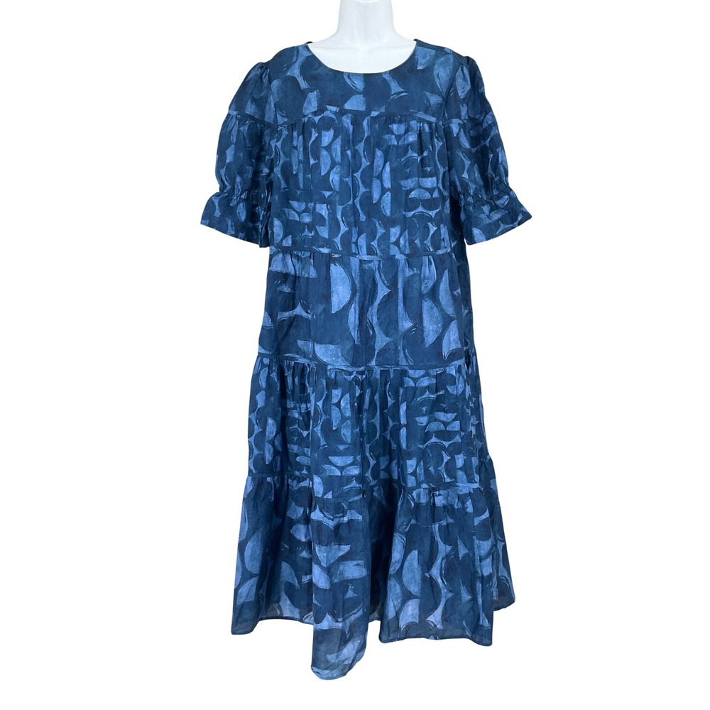 Chico's Tiered Midi Dress Womens M Blue Cotton Silk Abstract Boho Coastal Resort